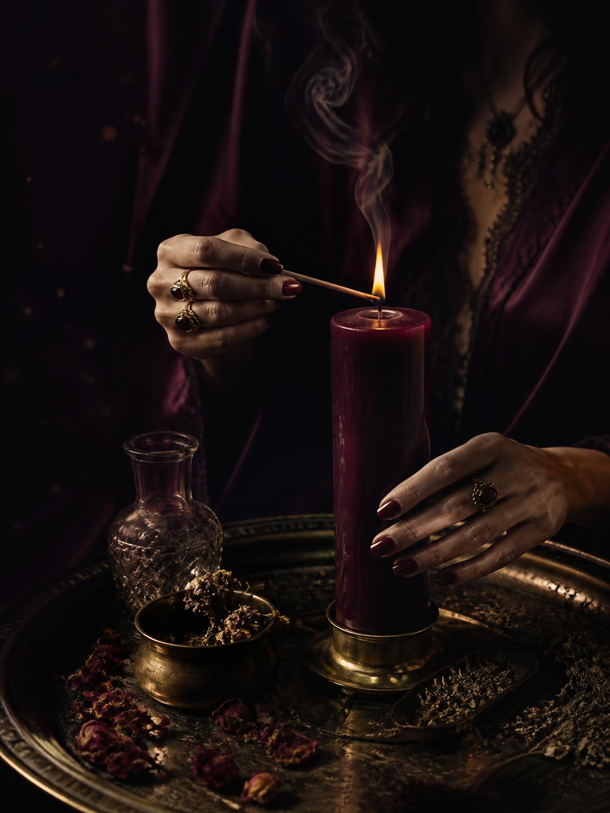 Manos preparando un ritual con una vela, pétalos y hierbas