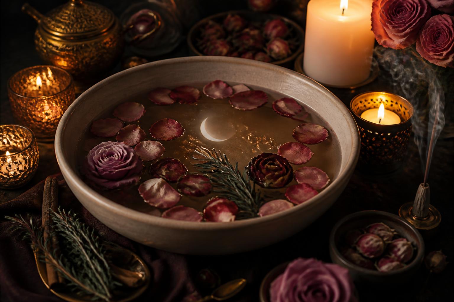 Baño ritual con agua, pétalos, velas y reflejo de luna